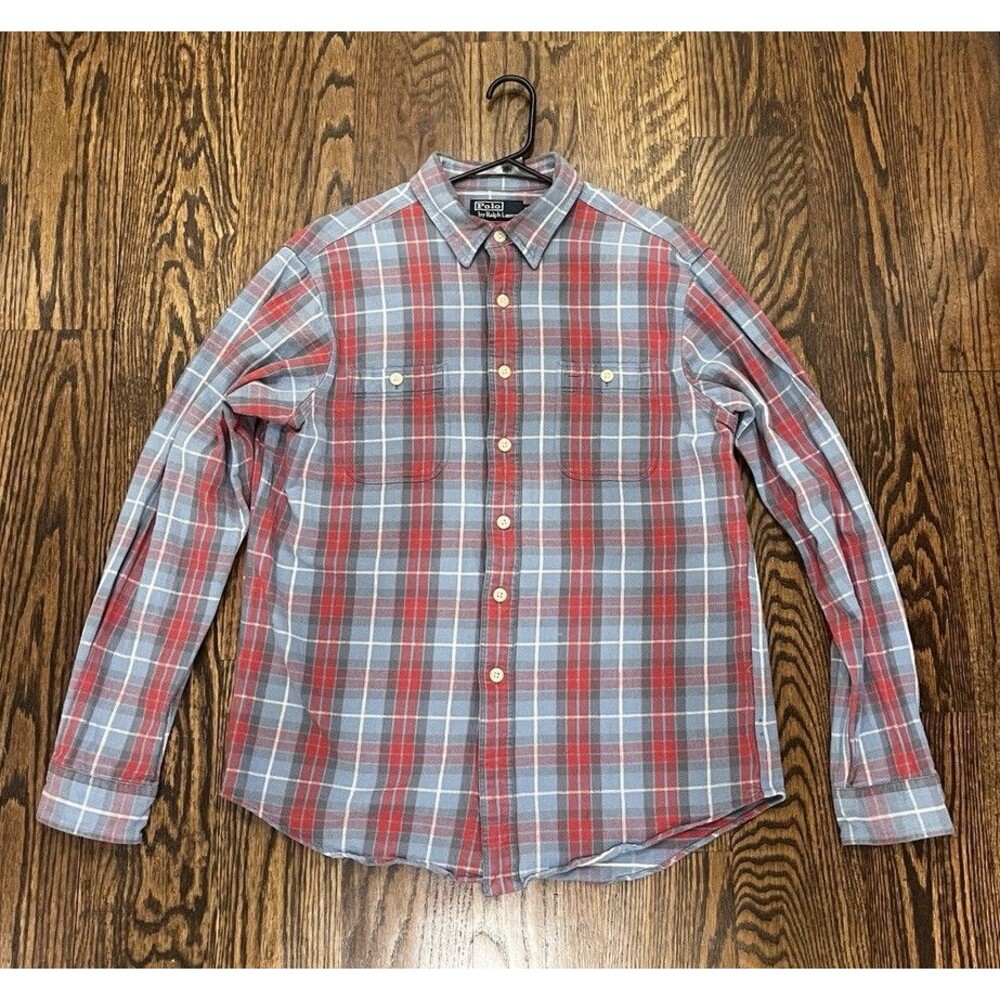 Polo Ralph Lauren Shirt Men Large Button Down Plaid Two Pocket Long Sleeve